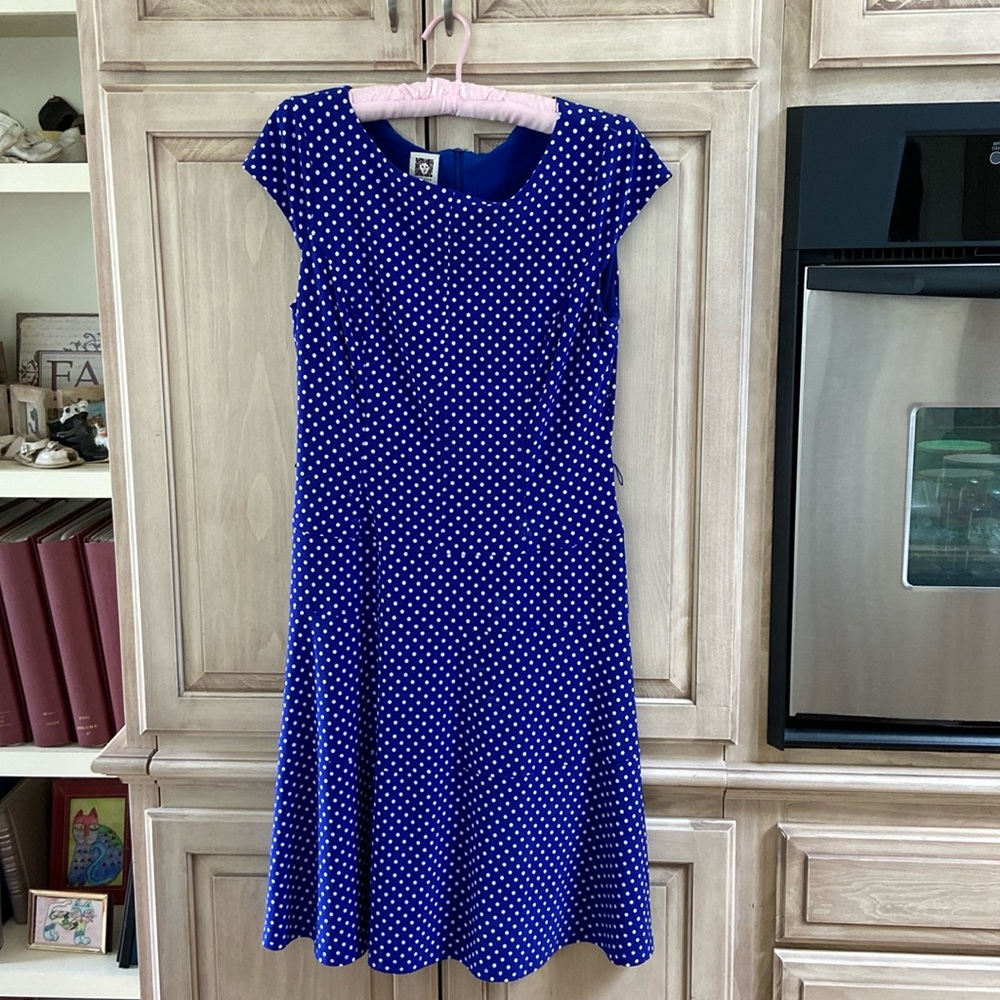 Anne Klein dress sz 10 blue white polka dot